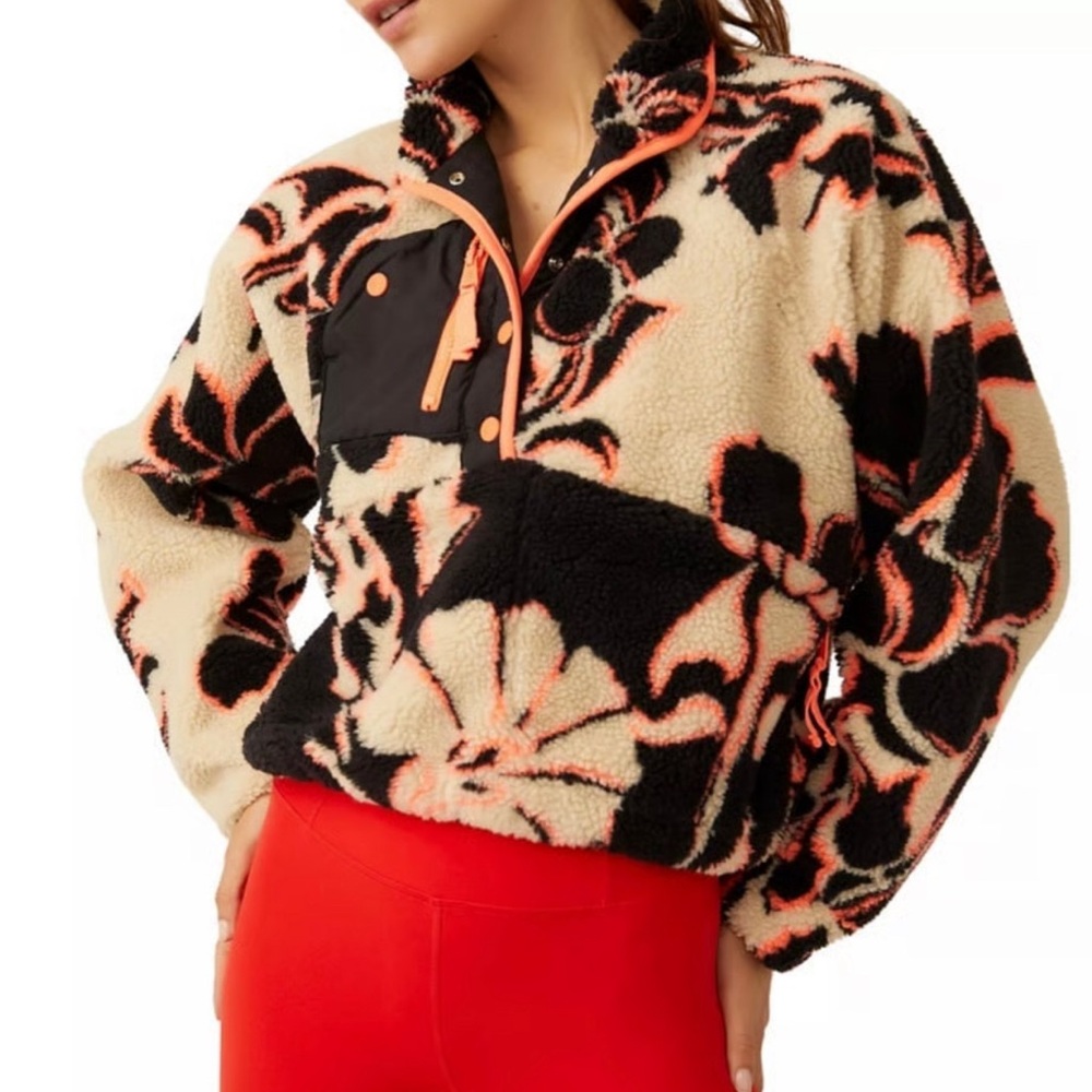 FP Movement by Free People Floral Teddy Jacket - Black, Cream, and Orange